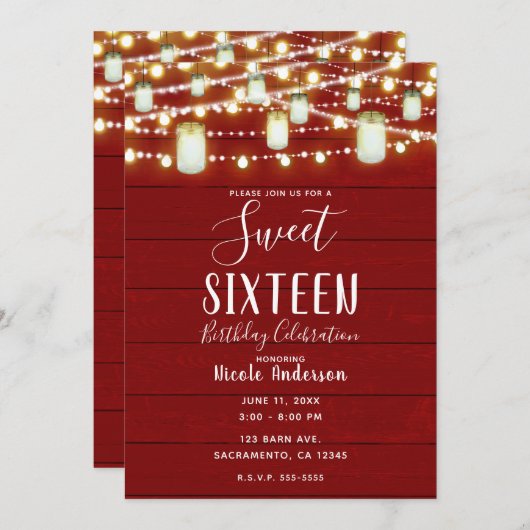 Red Wood & String Lights Land Rustic Sweet 16 Kaart (Voorkant / Achterkant)