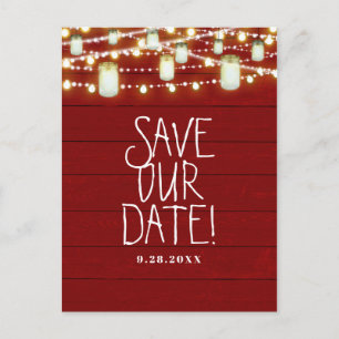Red Wood & String Lights Rustiek Save The Date Aankondigingskaart