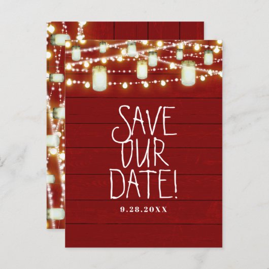 Red Wood & String Lights Rustiek Save The Date Aankondigingskaart (Voorkant / Achterkant)