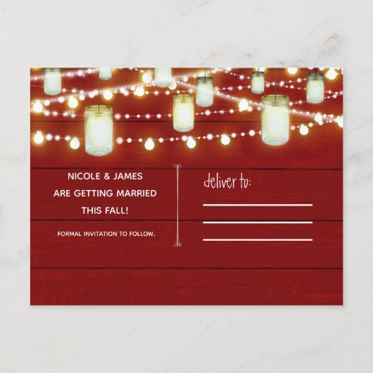 Red Wood & String Lights Rustiek Save The Date Aankondigingskaart (Achterkant)