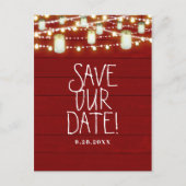 Red Wood & String Lights Rustiek Save The Date Aankondigingskaart (Voorkant)