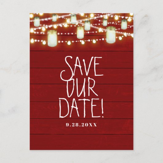 Red Wood & String Lights Rustiek Save The Date Aankondigingskaart (Voorkant)