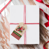 Red Woodsy Kardinaal met Holly op Country Gingham Cadeaulabel