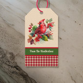 Red Woodsy Kardinaal met Holly op Country Gingham Cadeaulabel