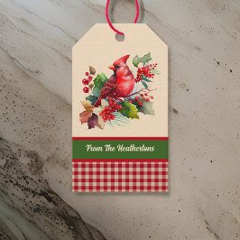 Red Woodsy Kardinaal met Holly op Country Gingham Cadeaulabel