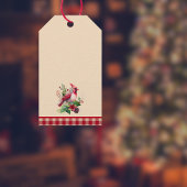 Red Woodsy Kardinaal met Holly op Country Gingham Cadeaulabel