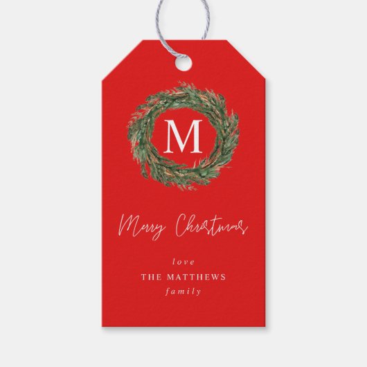 Red Wreath Monogram Cadeaulabel (Voorkant)