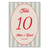 Red Writing Blue Line Retro Wedding Table Number Kaart (Achterkant)