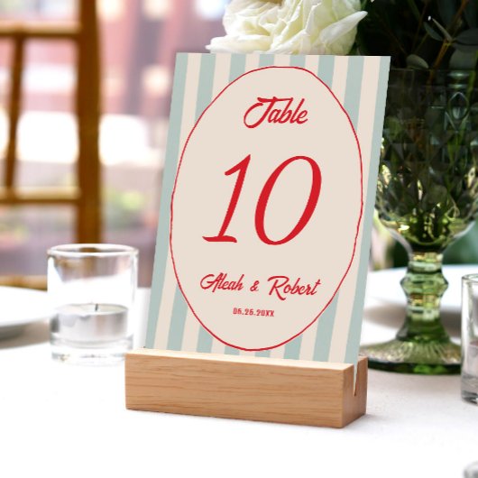 Red Writing Blue Line Retro Wedding Table Number Kaart