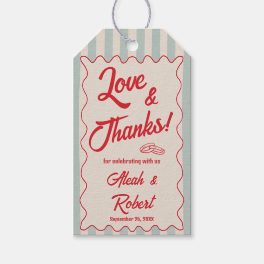 Red Writing Blue Stripes Retro Wedding Cadeaulabel (Voorkant)