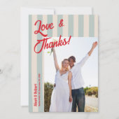 Red Writing Blue Stripes Retro Wedding Photo Bedankkaart (Voorkant)