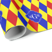 Red Yellow Blue Harlequin Quatrefoil 3 Monogram Cadeaupapier (Rol Hoek)