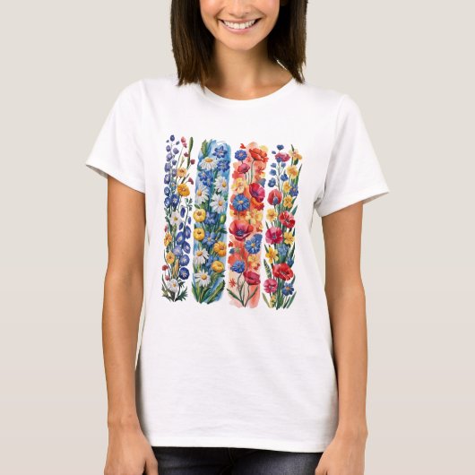 RED YELLOW BLUE WHITE PRETTY WILDFLOWERS T-SHIRT (Voorkant)