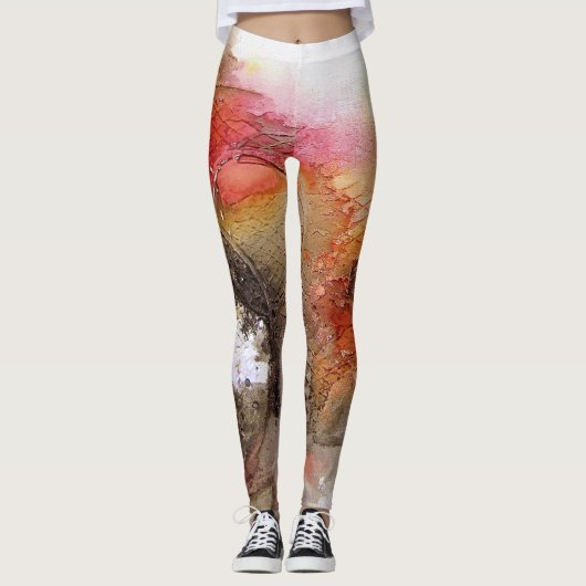 Red Yellow Faux, Abstracte kunst met vervorming Leggings (Voorkant)