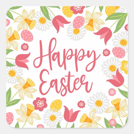 Red Yellow Floral Happy Easter  Vierkante Sticker (Voorkant)