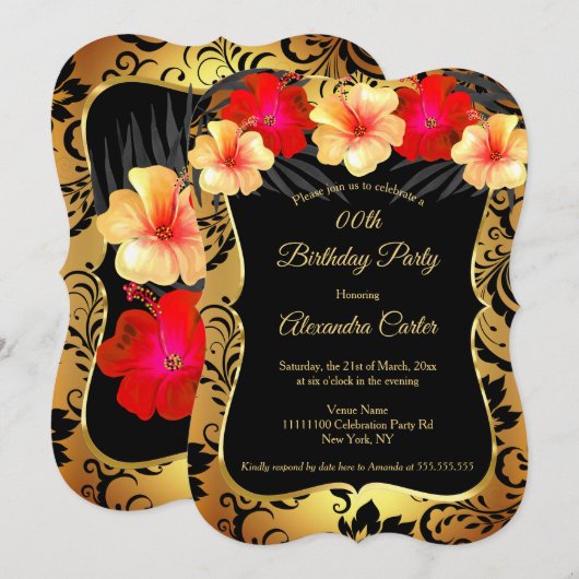 Red Yellow Gold Black Damask Hibiscus Birthday Kaart (Voorkant / Achterkant)