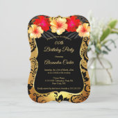 Red Yellow Gold Black Damask Hibiscus Birthday Kaart (Staand voorkant)