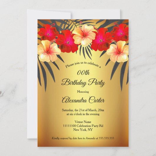 Red Yellow Gold Black Palm Hibiscus Birthday Party Kaart (Voorkant)