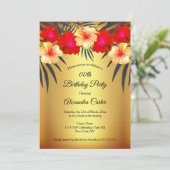 Red Yellow Gold Black Palm Hibiscus Birthday Party Kaart (Staand voorkant)