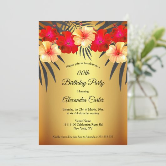 Red Yellow Gold Black Palm Hibiscus Birthday Party Kaart (Staand voorkant)
