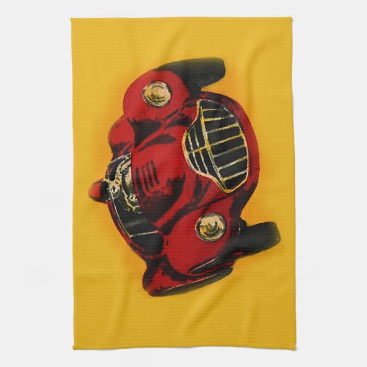 Red Yellow Old Auto Racing Car Theedoek (Verticaal)