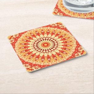 Red Yellow Oranje Summer Mandala Pattern Kartonnen Onderzetters