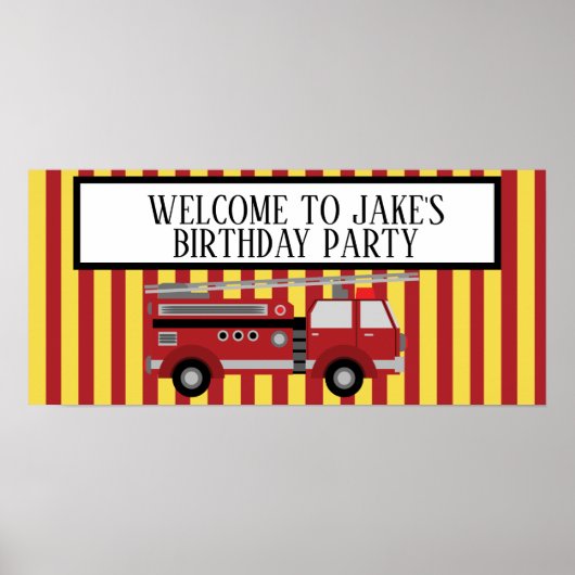 Red Yellow Striped Firetruck Birthday Party Banner Poster (Voorkant)
