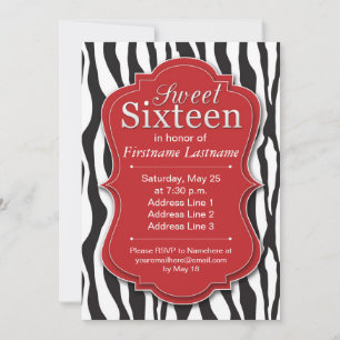 Red Zebra Print Sweet 16 Birthday Invitations Kaart