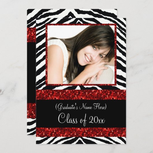 Red Zebra Sparkle Girls Graduparty Kaart (Voorkant / Achterkant)