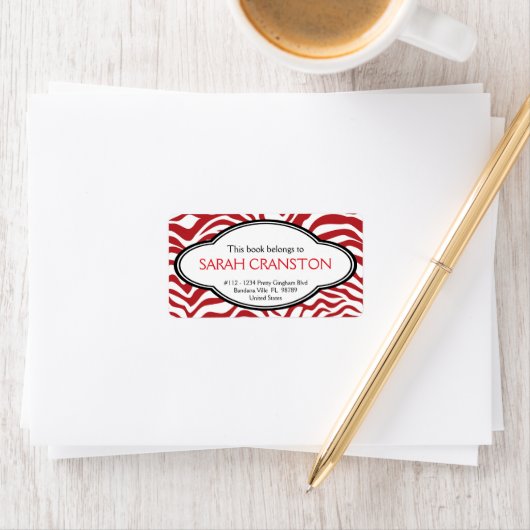 Red Zebra Stripes Pattern Book bord Etiket (Insitu)