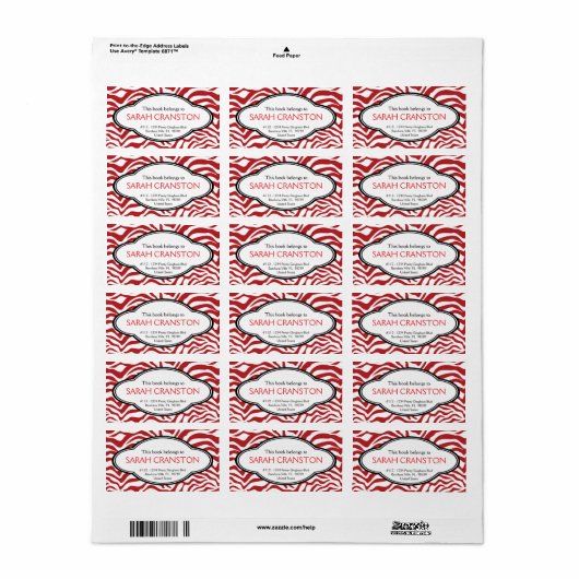 Red Zebra Stripes Pattern Book bord Etiket (Full Sheet)