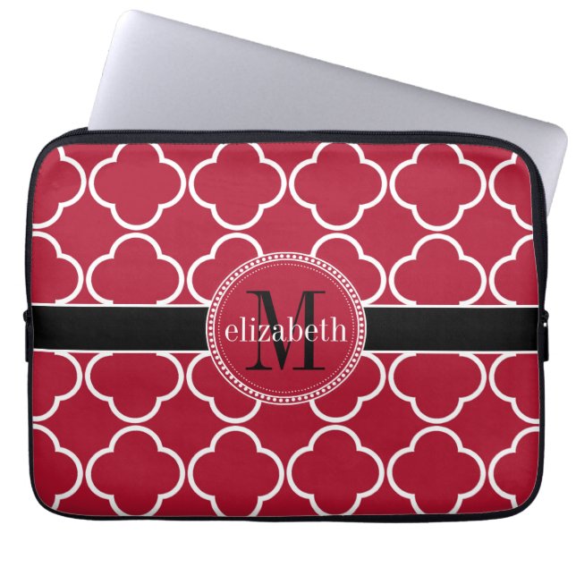Red | Zwart | White Quatrefoil Clover Monogram Laptop Sleeve (Voorkant)