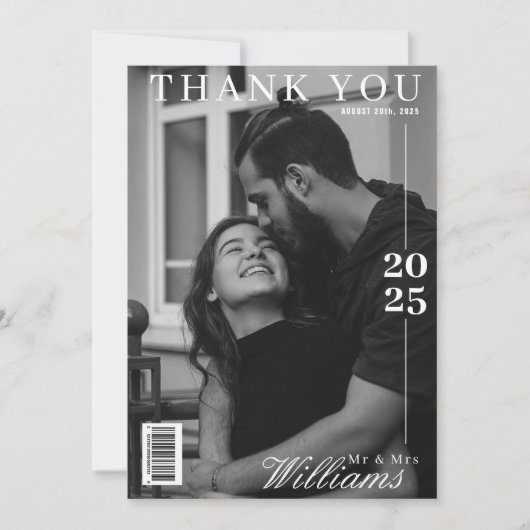 Redactie zwart-wit magazine bruiloft bedankkaart (Voorkant)