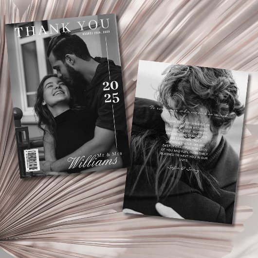 Redactie zwart-wit magazine bruiloft bedankkaart