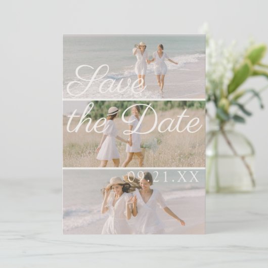 Redactioneel Drie Foto Collage Script Save The Date (Staand voorkant)