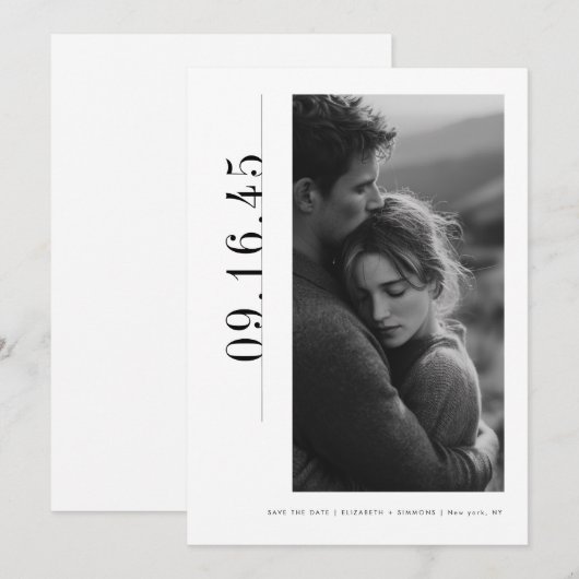 Redactioneel Verticaal Datum Zwart Wit Save the Da Date (Voorkant / Achterkant)