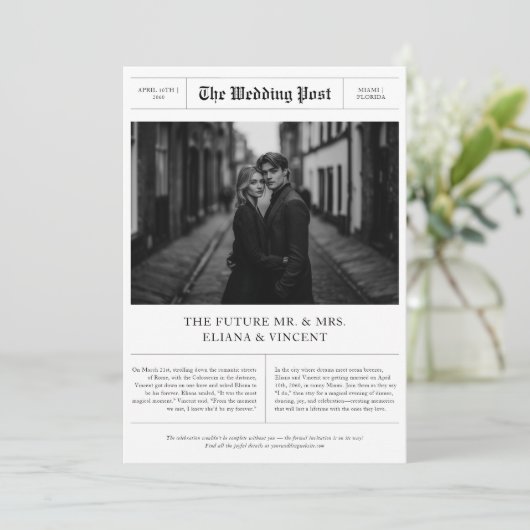 redactionele foto krant bruiloft save the date (Staand voorkant)