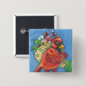 REDBIRD SANTA, CHRISTMAS CARDINAL BIRD BUTTON Squ (Voorkant /achterkant)