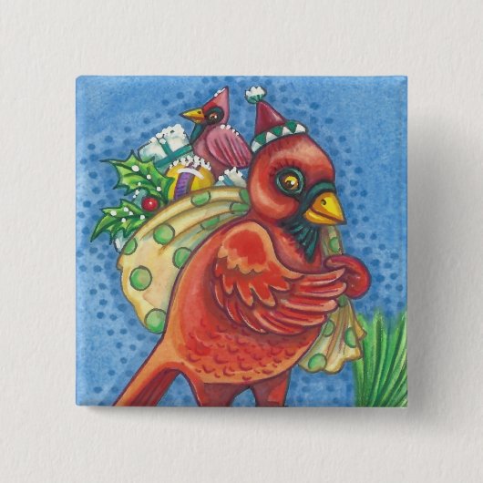 REDBIRD SANTA, CHRISTMAS CARDINAL BIRD BUTTON Squ (Voorkant)