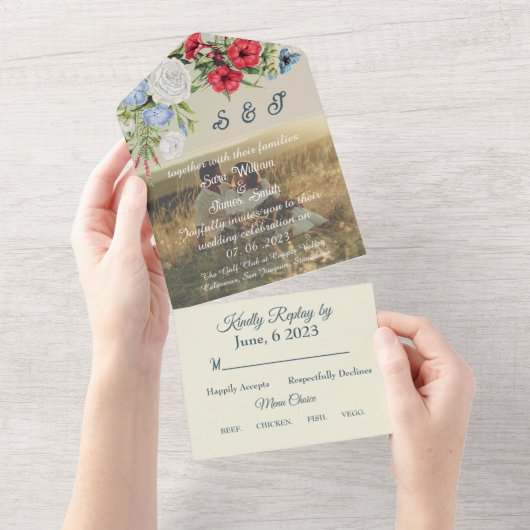REDBLUE FLORA WEDDING INVITATION ALL IN ONE UITNODIGING (Afscheurbaar)