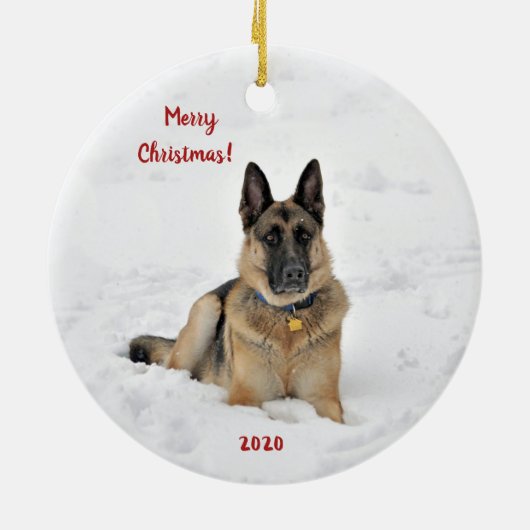 Redding Duitse herderhond bij wintersneeuwkeramiek Keramisch Ornament (Achterkant)