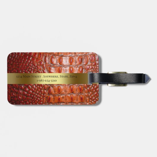 Reddish Brown Reptile Digital Leather Gold Metal Bagagelabel (Achterkant horizontaal)