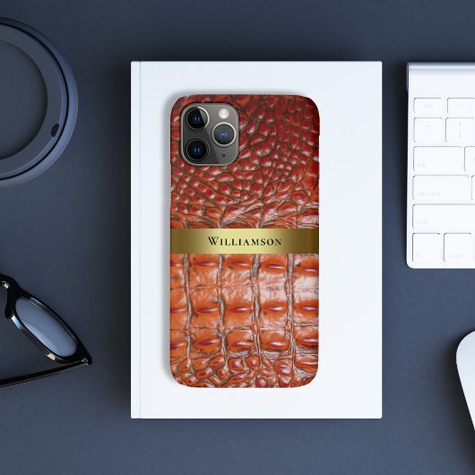 Reddish Brown Reptile Digital Leather Gold Metal Case-Mate iPhone Case