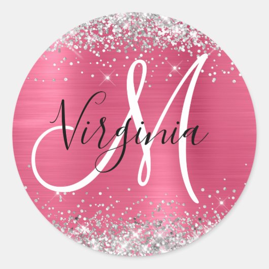 Reddish roze ombre Folie Silver Glitter Monogram Ronde Sticker (Voorkant)