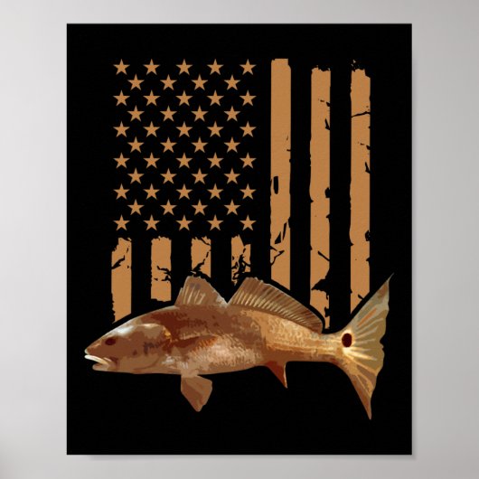 Redfish Fishing Red Drum Tailing Usa American Flag Poster (Voorkant)