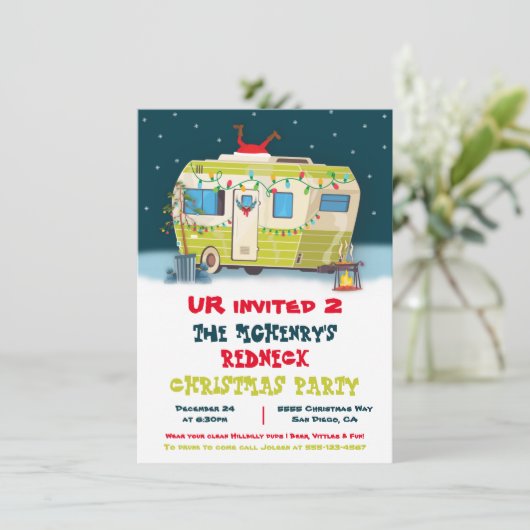 Redhals White Trash Kersttrailer Party Uitnodigt Kaart (Staand voorkant)