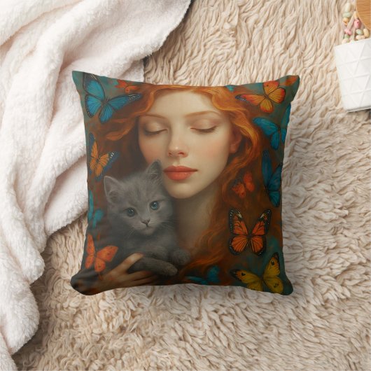 Redhead and kitten Throw Pillow Kussen (Deken)