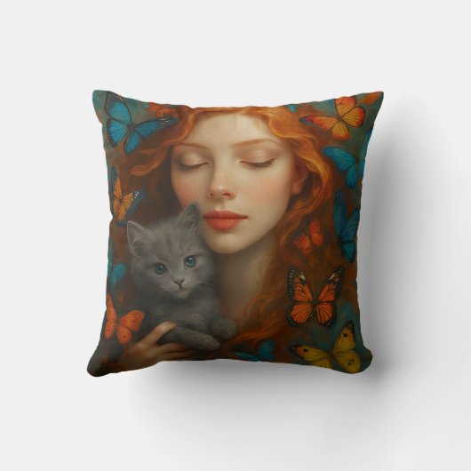 Redhead and kitten Throw Pillow Kussen (Achterkant)