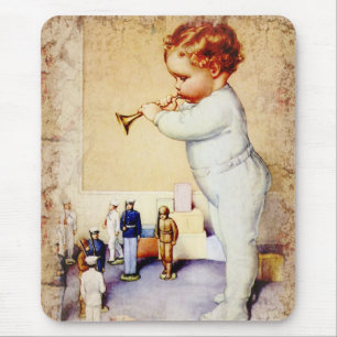 Redhead Baby Boy die Horn blaast tegen soldaten Muismat