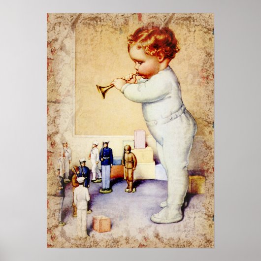 Redhead Baby Boy die Horn blaast tegen soldaten Poster (Voorkant)